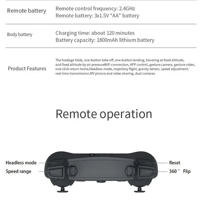 Remote control with battery information and product features on a white background