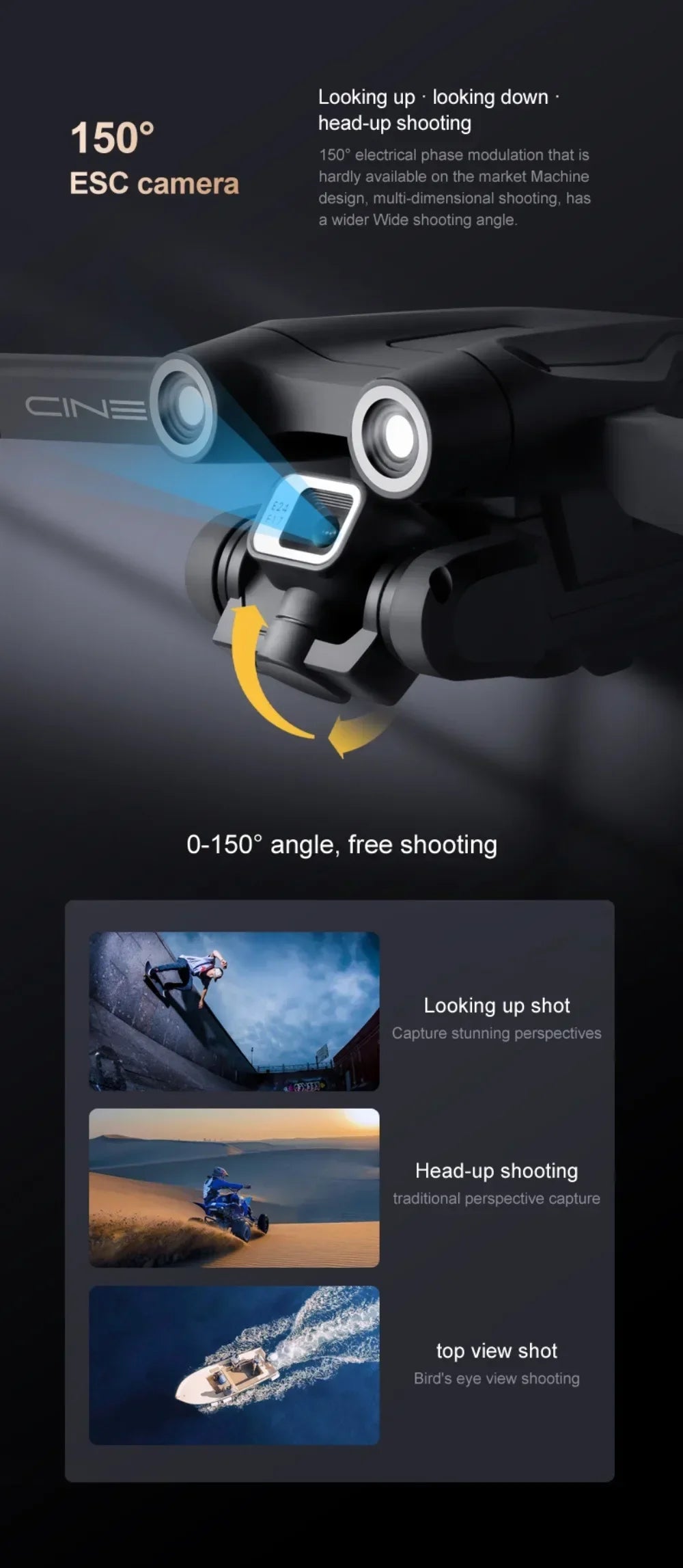 Cine camera with 150-degree ESC camera and features displayed on a dark background