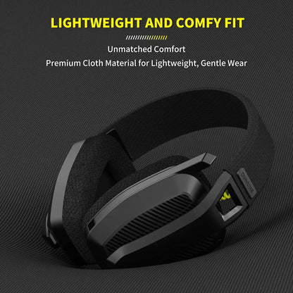 Black gaming headset on a dark background with text about comfort and material.