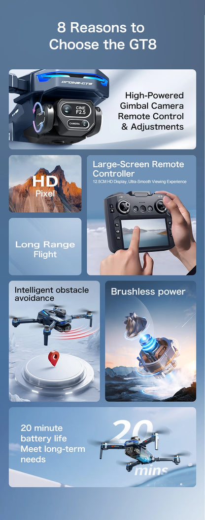 Promotional graphic for the GT8 drone with features listed on a blue background