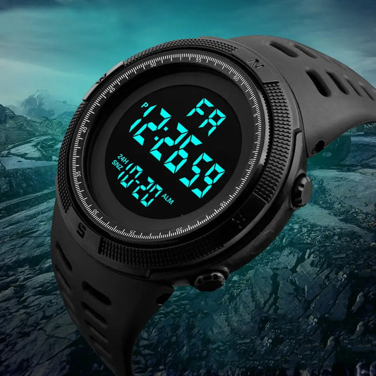 UTAI C26 men's digital sport watch with black strap, glow dial, and mountainous landscape background

