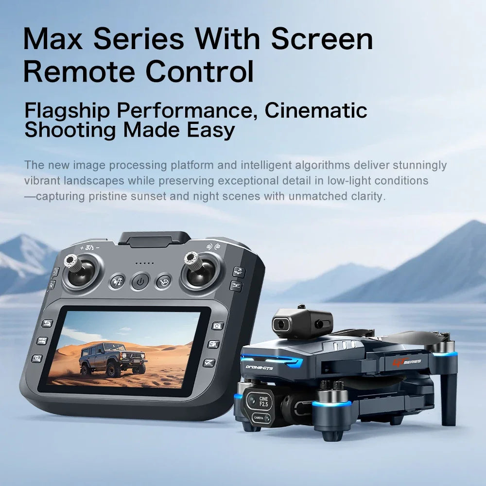 Max Series drone with screen remote control and text about flagship performance and cinematic shooting.