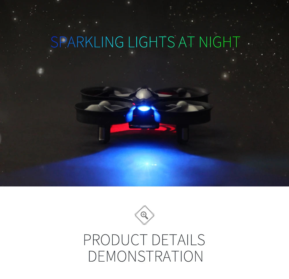 Drone with glowing lights against a dark background with stars, labeled 'Sparkling Lights at Night'.