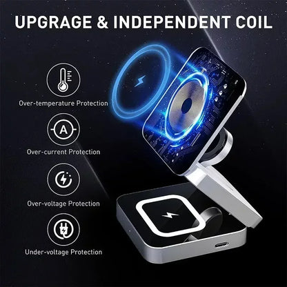 Electronic device with glowing blue interior and protective features on a dark background