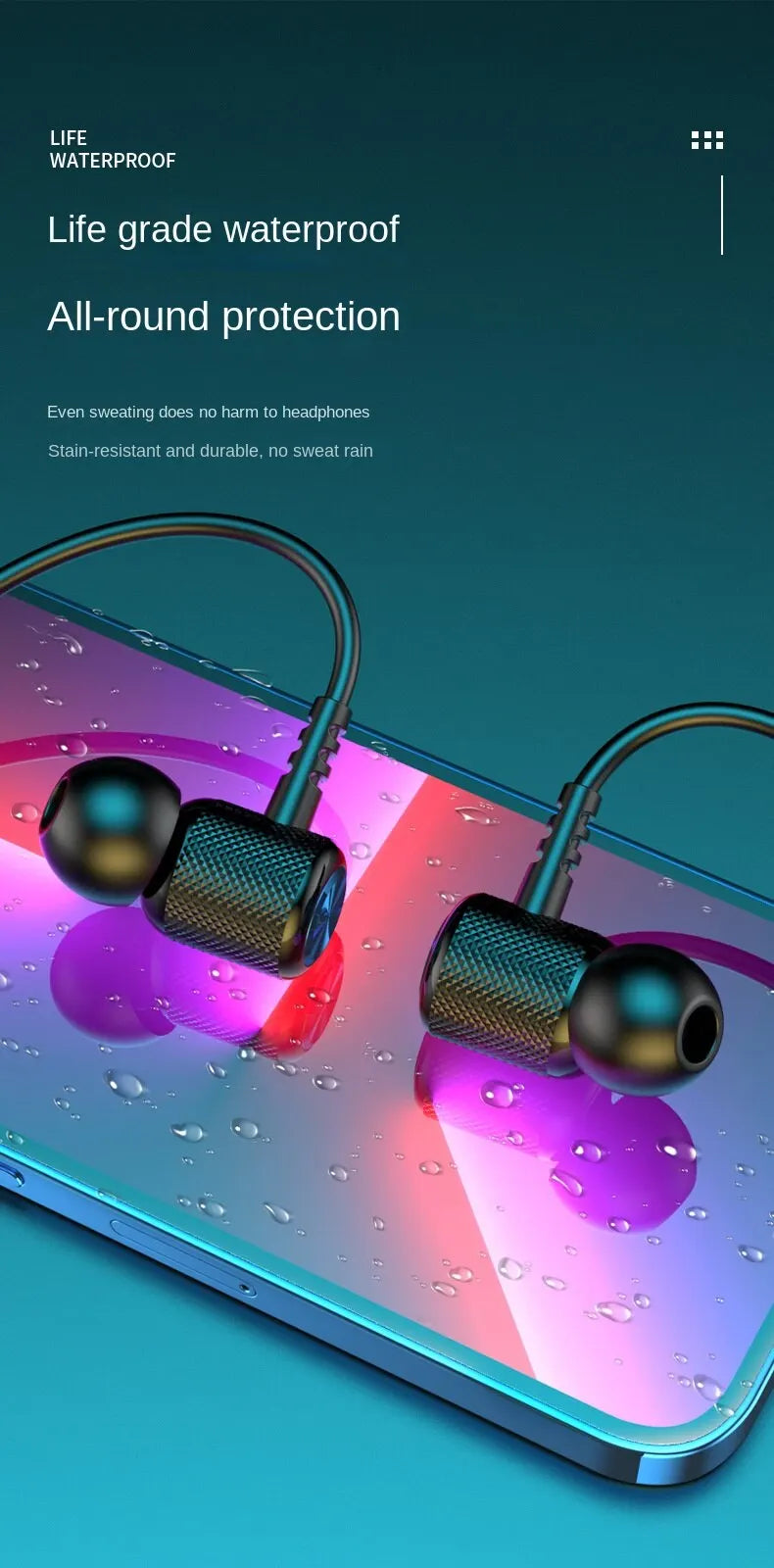 Wireless earbuds on a smartphone with waterproof feature text on a blue gradient background