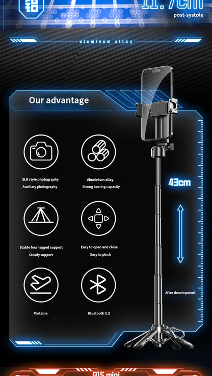 Smartphone holder with stand and Bluetooth features on a black background with blue accents
