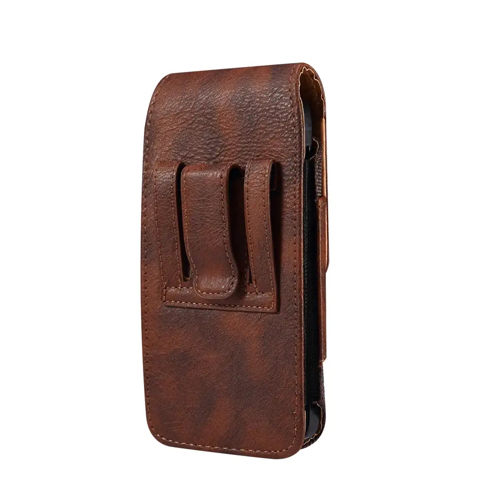 Brown leather phone holster on a white background
