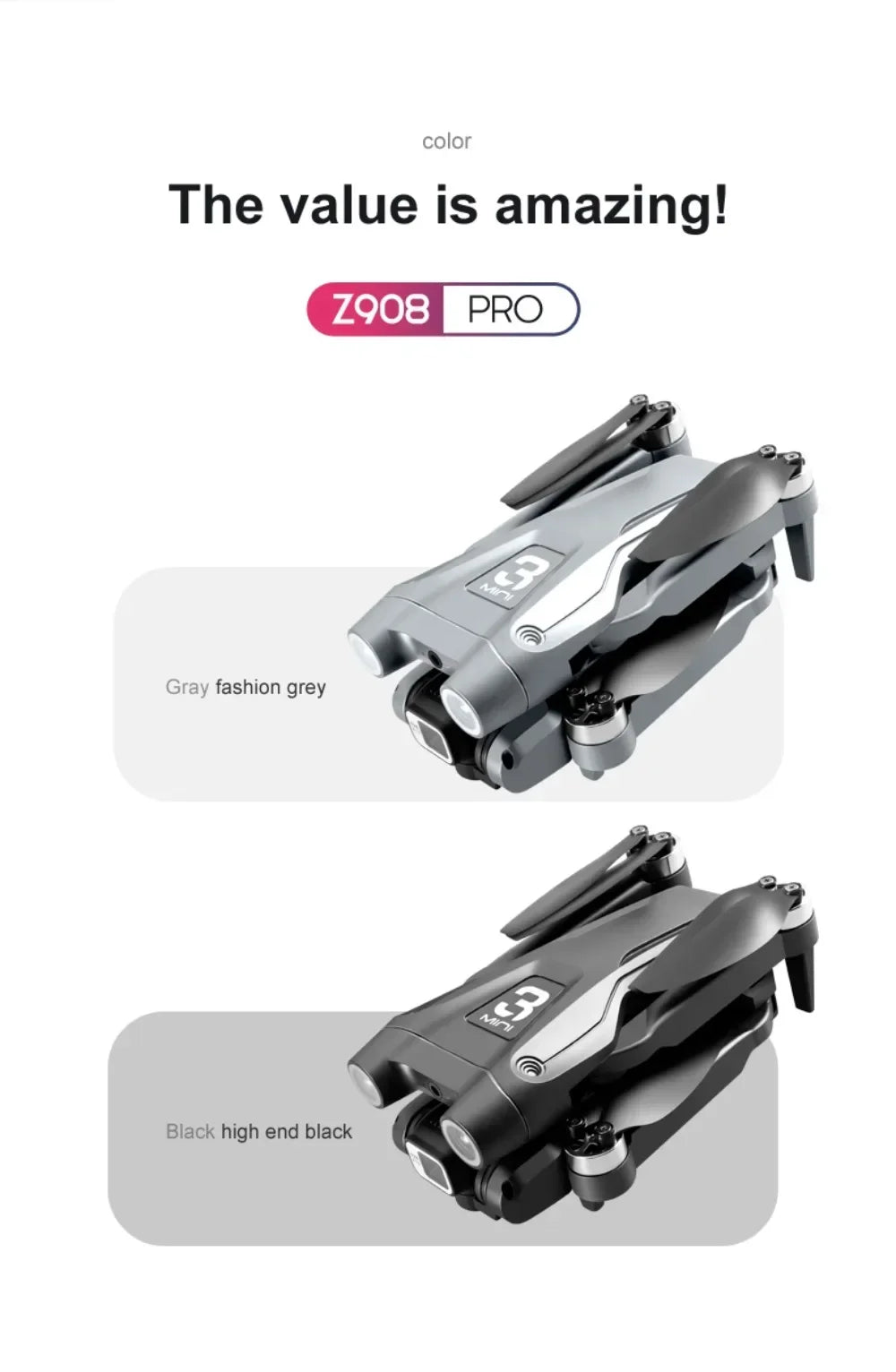 Two multi-tool devices on gray stands with 'Z908 PRO' branding, text 'The value is amazing!' and color options 'Gray fashion gray' and 'Black high end black'.