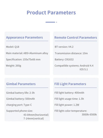 Product parameters table for a device with sections on appearance, remote control, gimbal, and fill light.
