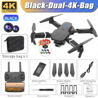 Black dual 4K drone with accessories and storage bag on a white background