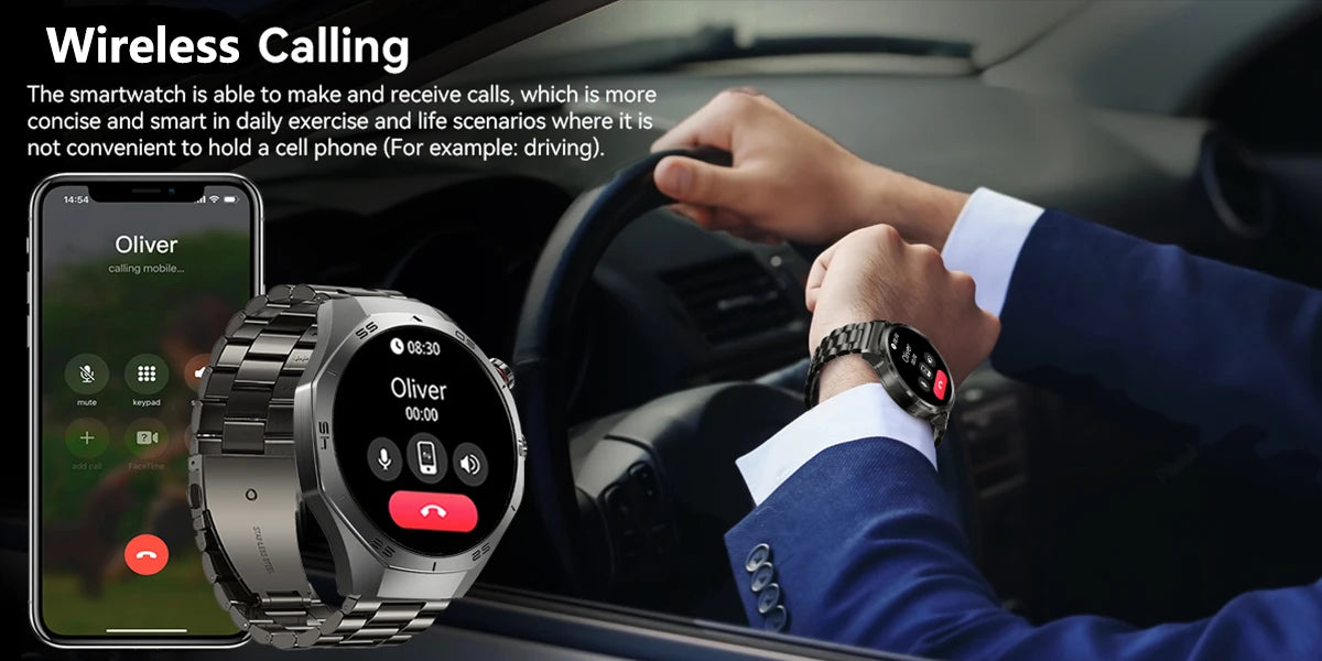 Smartwatch being used for wireless calling in a car, with smartphone displaying call interface.