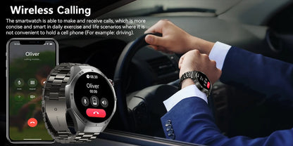 Smartwatch being used for wireless calling in a car, with smartphone displaying call interface.