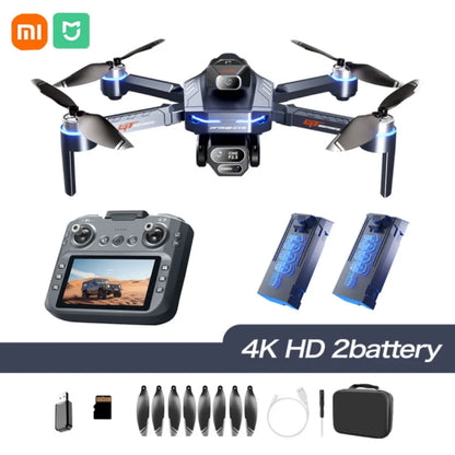 Drone with remote control, batteries, propellers, and accessories on a white background