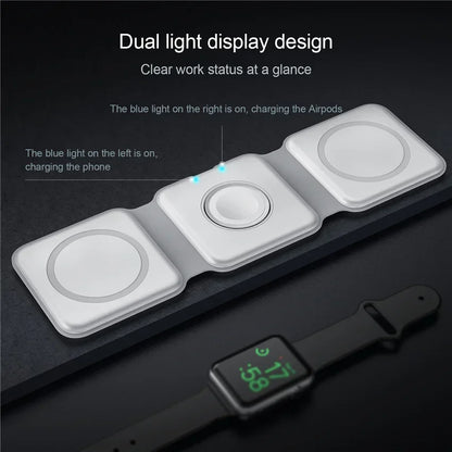 Wireless charging pad with dual light display for phone and AirPods on a dark background