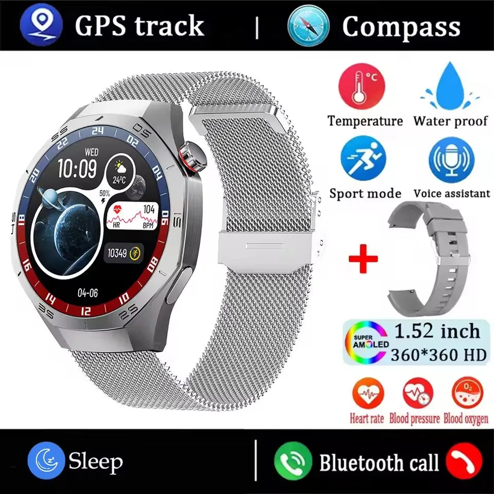 Smartwatch with features like GPS track, compass, temperature, waterproof, sport mode, voice assistant, heart rate, blood pressure, and blood oxygen on a white background.
