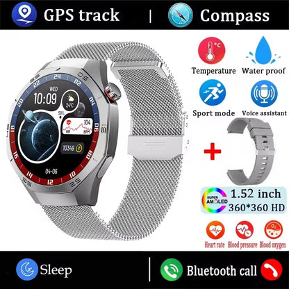 Smartwatch with features like GPS track, compass, temperature, waterproof, sport mode, voice assistant, heart rate, blood pressure, and blood oxygen on a white background.