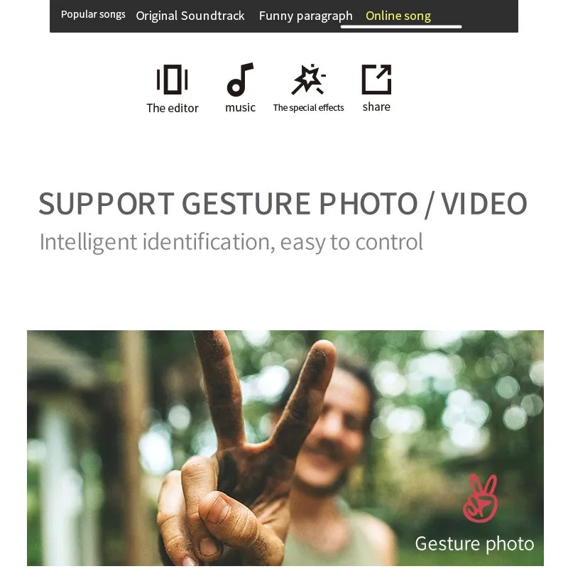 Hand making a peace sign with blurred background and 'Gesture photo' logo.