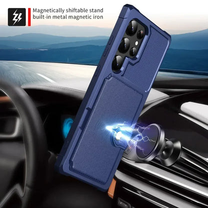 Blue phone case with magnetic stand feature on a car dashboard