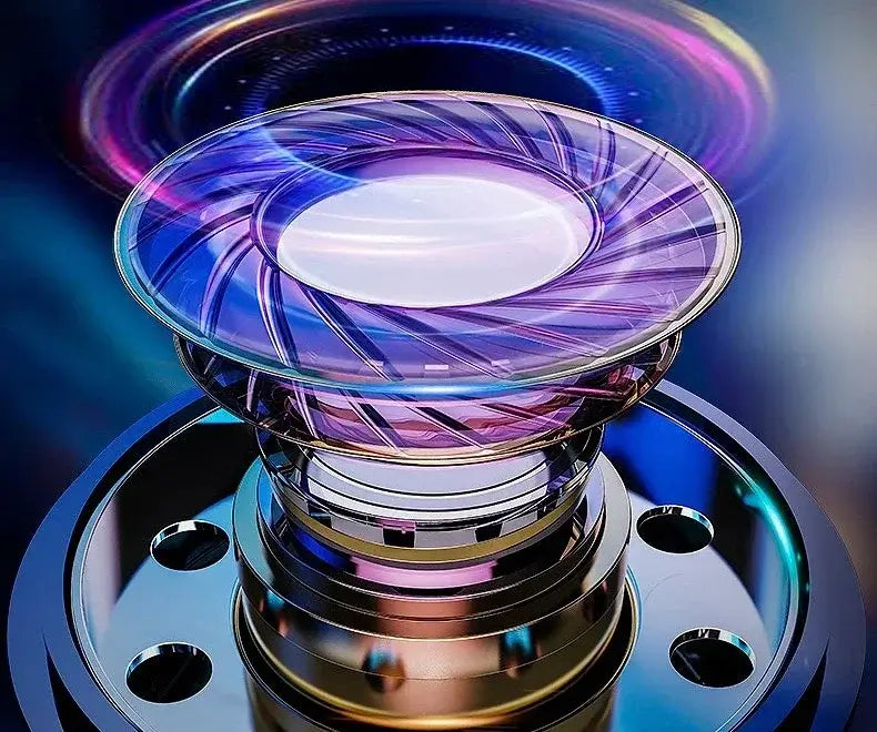 Close-up of a glass object with a metallic base placed on a reflective surface
