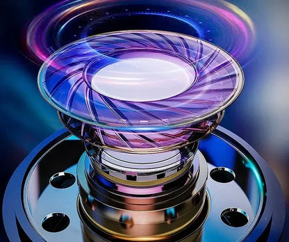 Close-up of a glass object with a metallic base placed on a reflective surface
