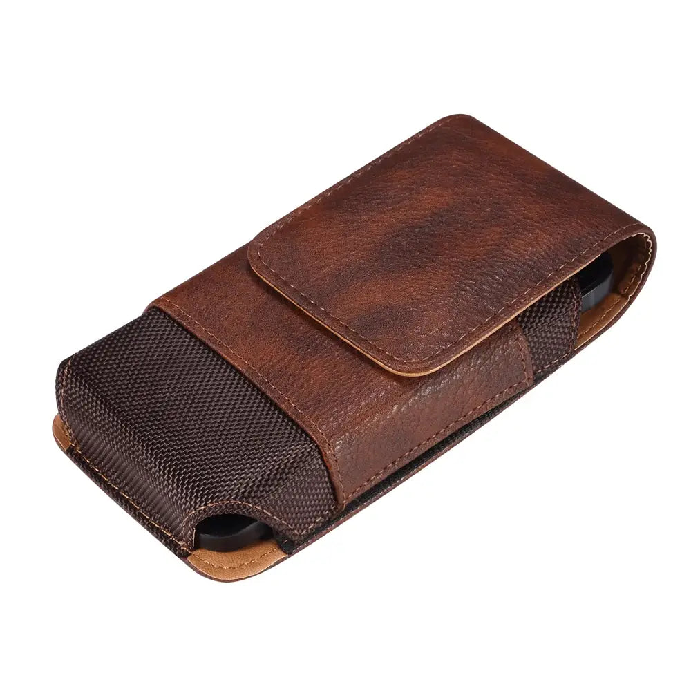 Brown leather phone case with mesh back on a white background
