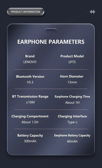 Lenovo LP75 earphone parameters displayed on a dark background
