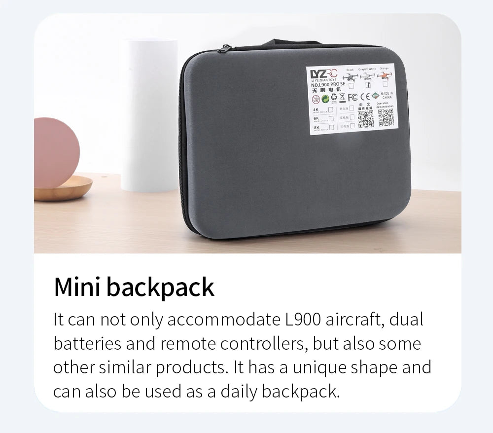Black mini backpack with a label on a light surface