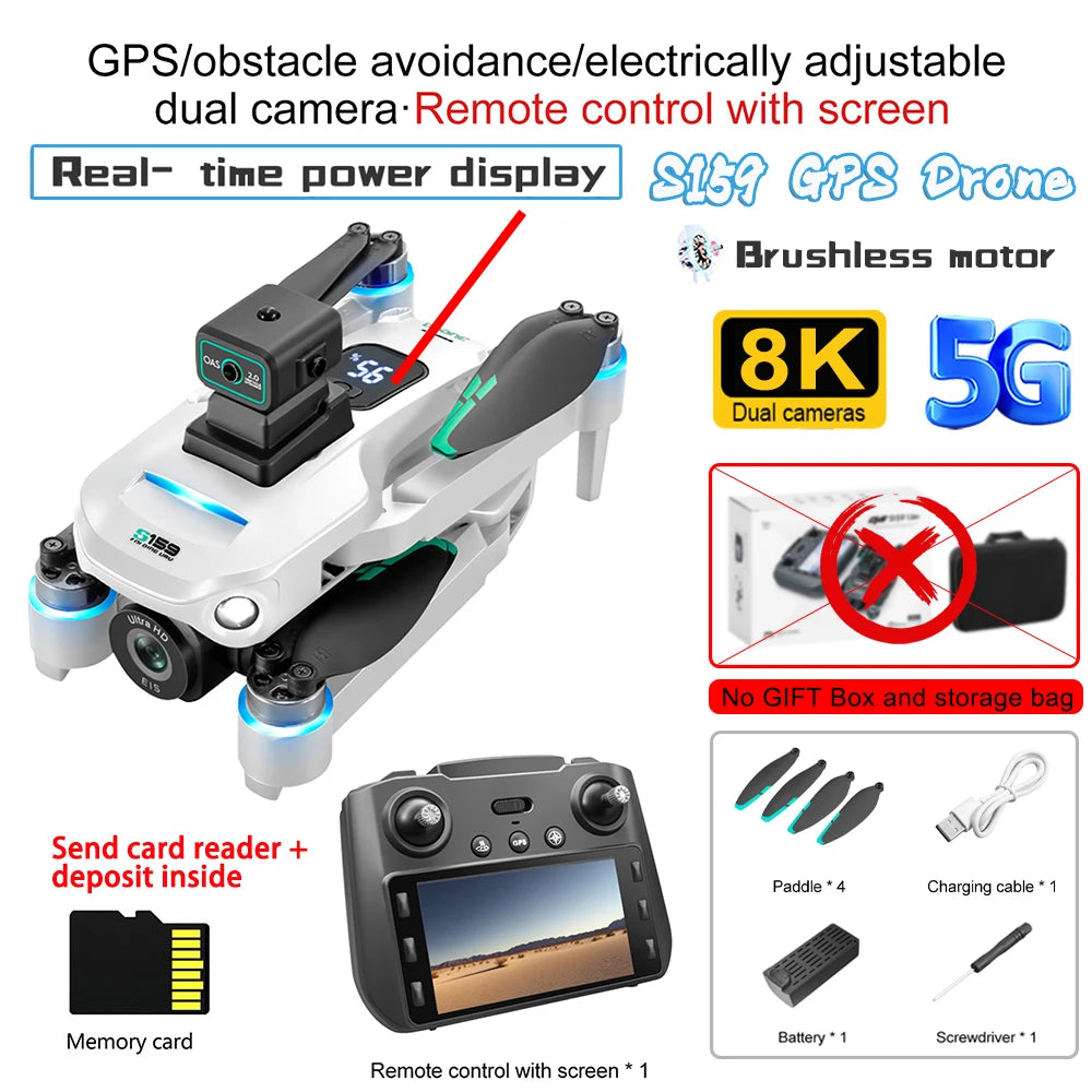 8K dual camera drone with remote control, screen, and various accessories on a white background.