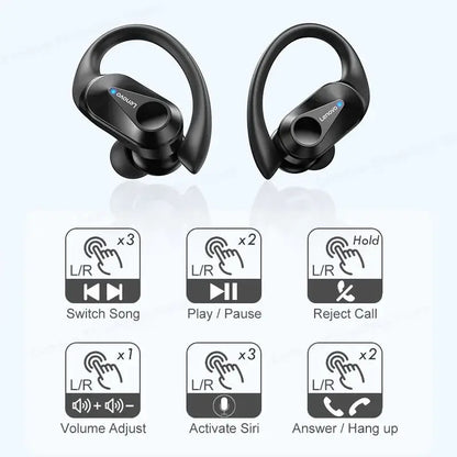 Black wireless earbuds with control icons displayed on a white background
