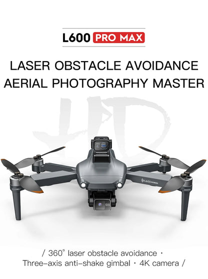 L600 Pro Max drone with text on laser obstacle avoidance and aerial photography capabilities.