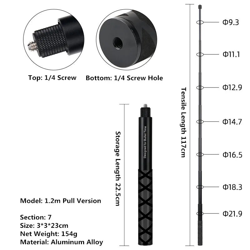 Black telescopic rod with detailed measurements and specifications on a white background
