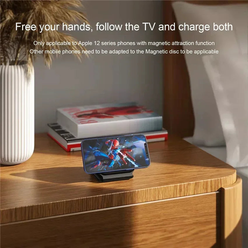 Phone on a stand with screen displaying a superhero graphic, placed on a wooden surface with text about phone compatibility.