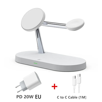 White charging stand with USB-C cable and power adapter on a white background