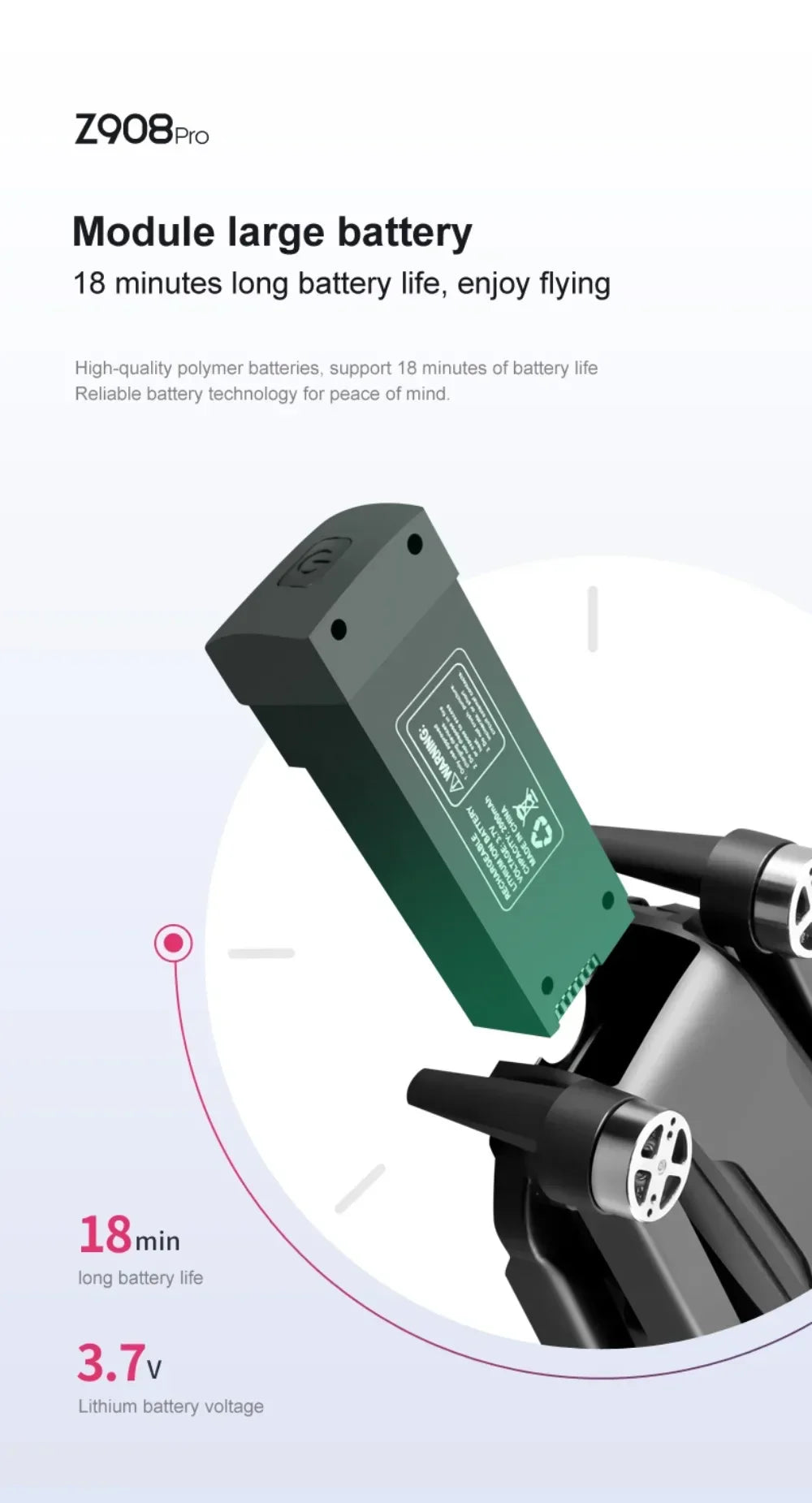 Green battery module with text on a light gray background