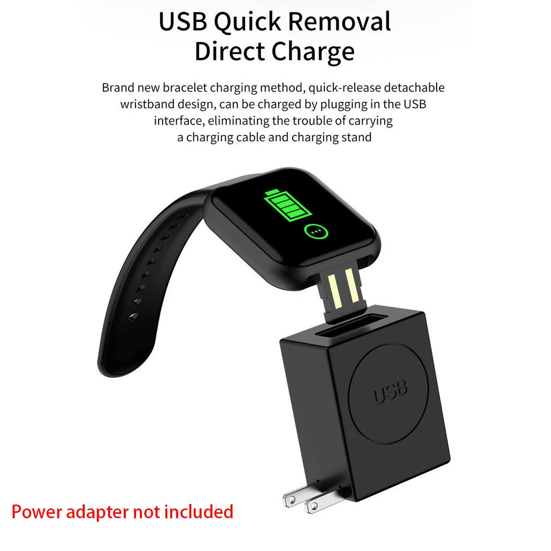 Black USB charging adapter with detachable wristband and charging cable on a white background
