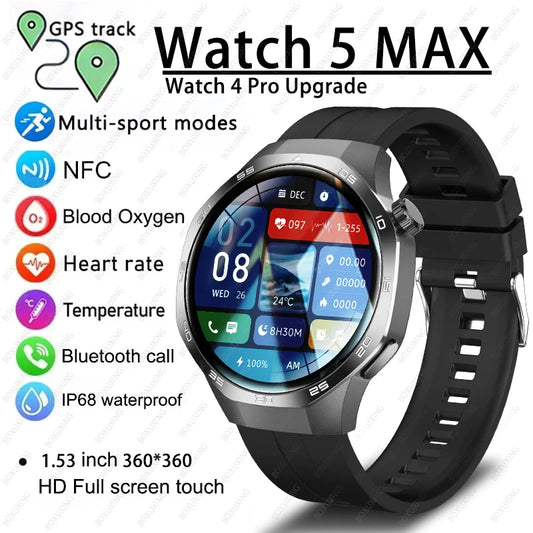 Smartwatch with features listed on a white background