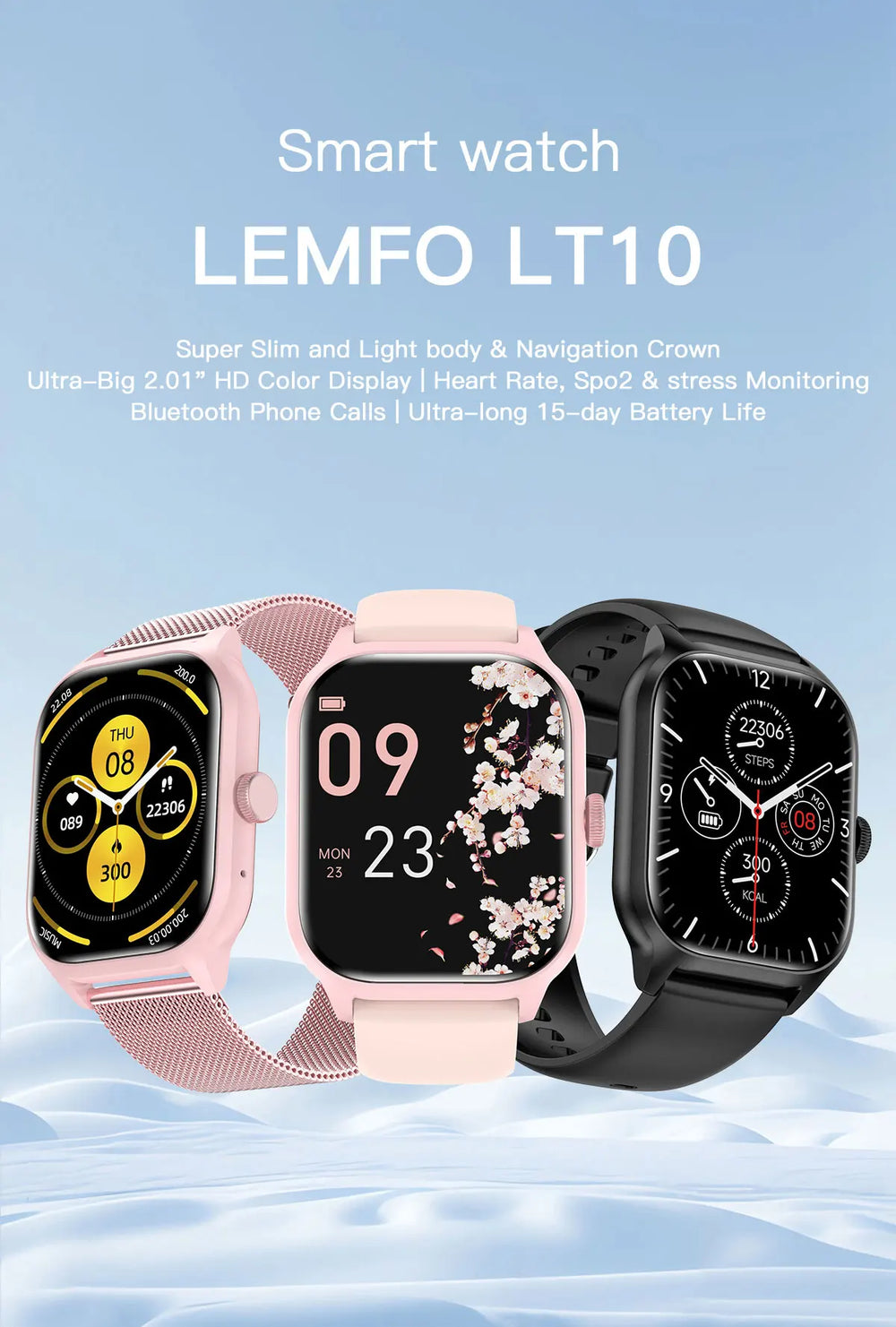Three smart watches on a light blue background with product details text.