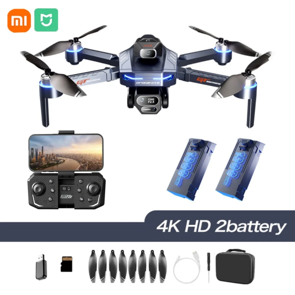 Drone with accessories including camera, remote control, batteries, and case on a white background.