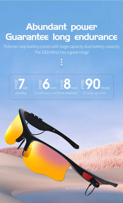Sunglasses with a blue background and text about battery life and power.