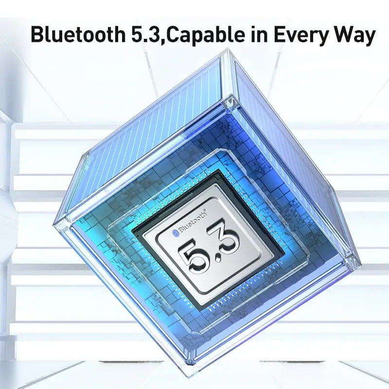 Close-up of a Bluetooth 5.3 chip with a futuristic design on a white background
