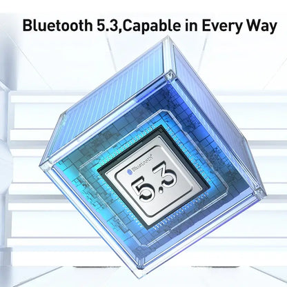 Close-up of a Bluetooth 5.3 chip with a futuristic design on a white background
