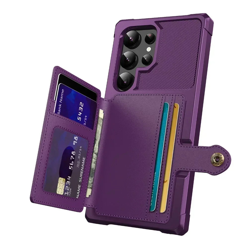 Purple phone case with card slots and wallet functions on a white background