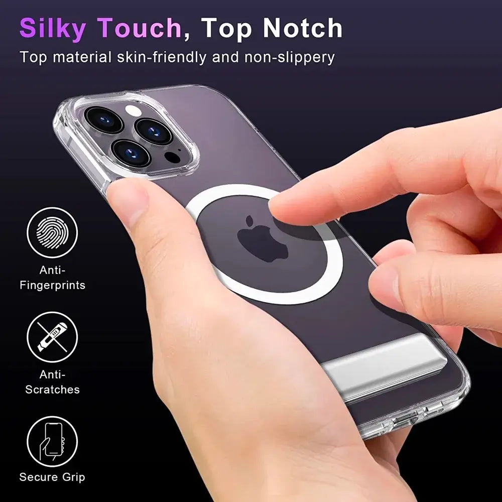 Magnetic clear phone case for iPhone with ring holder, held in hand, featuring text and icons on a dark background
