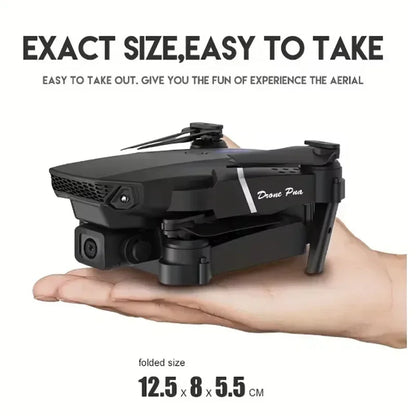 Foldable drone held in a hand with text highlighting its size and ease of use.