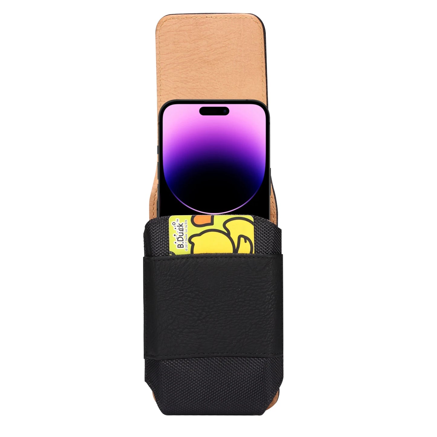 Phone case with a phone inside, showing a card with a duck illustration.