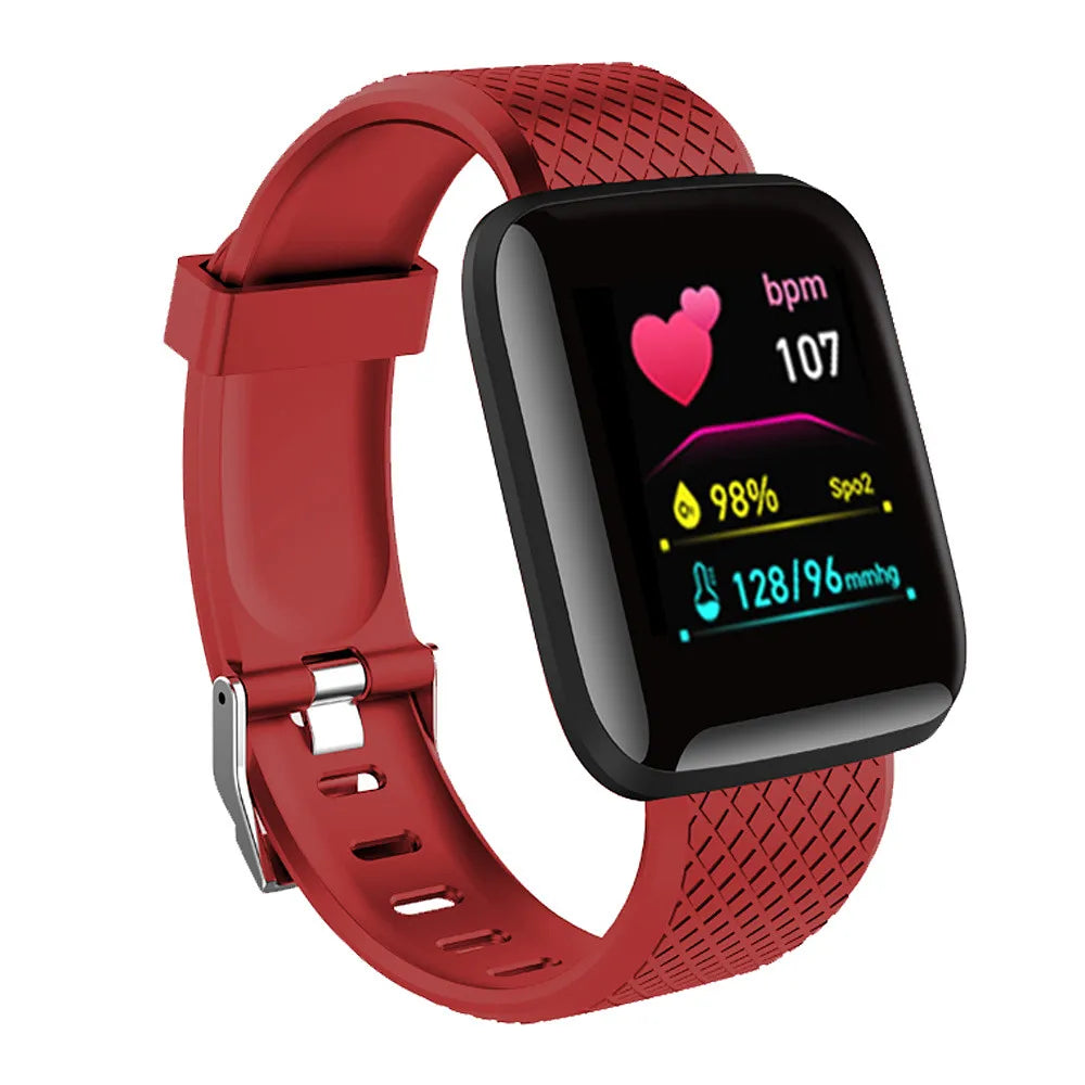 Red smartwatch with a heart rate and fitness metrics display on a white background