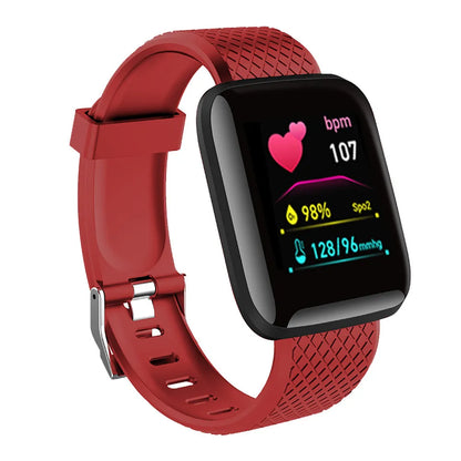 Red smartwatch with a heart rate and fitness metrics display on a white background