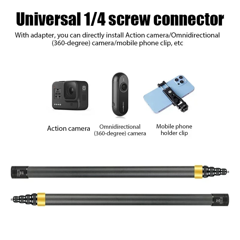 Universal 1/4 screw connector with adapter for action camera, omnidirectional camera, and mobile phone holder clip on a white background.