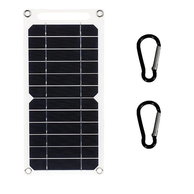 Foldable solar panel with two carabiners on a white background