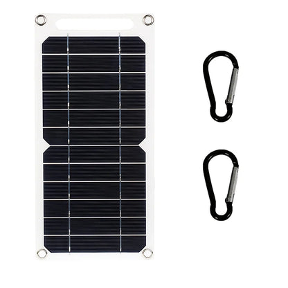 Foldable solar panel with two carabiners on a white background